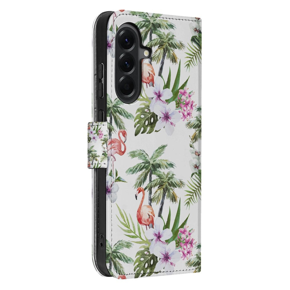 Samsung Galaxy A57 Telefoonhoesje Flamingo Palms Voorkant met flamingo en palmprint.