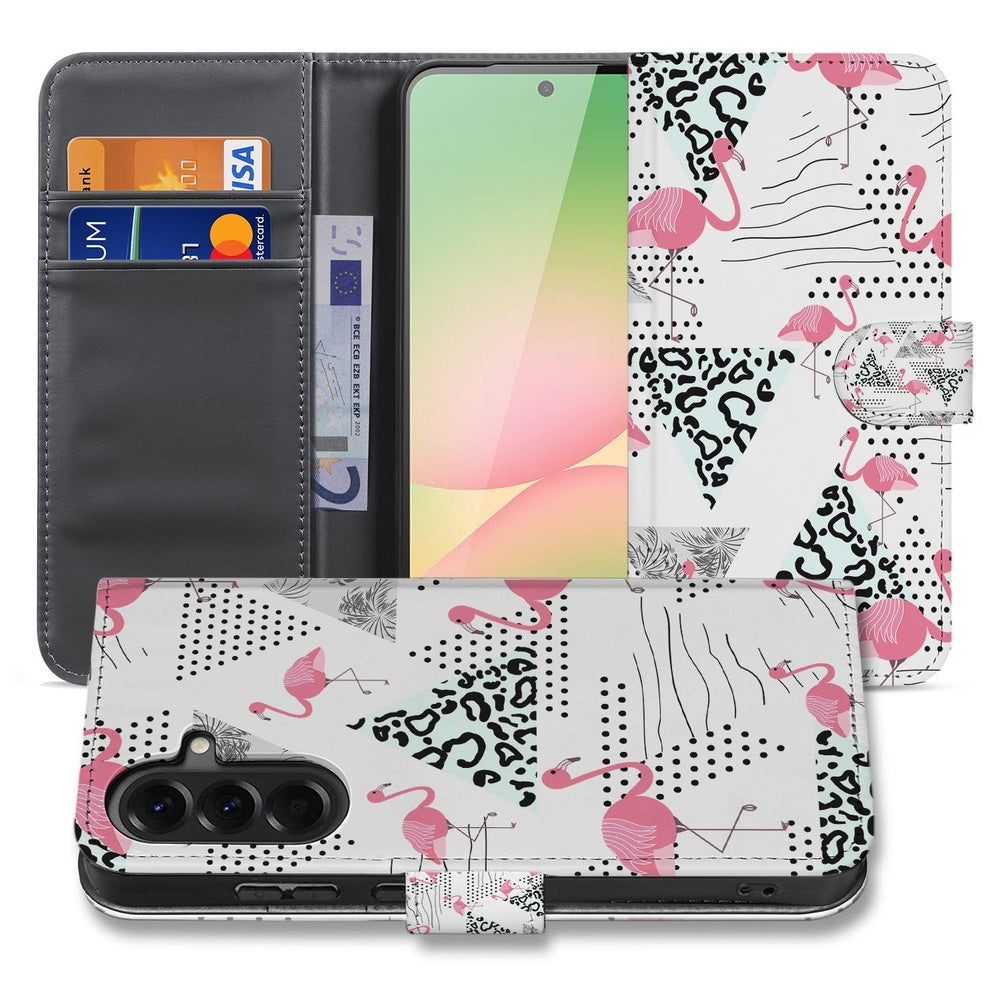 Samsung Galaxy A57 Bookcase Hoesje Flamingo Triangle Vooraanzicht met roze flamingo's en grafische accenten.