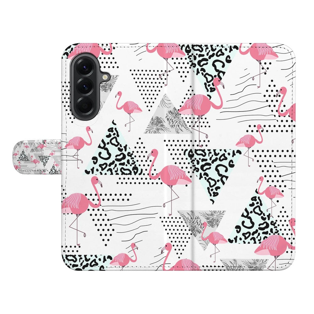 Samsung Galaxy A57 Bookcase Hoesje Flamingo Triangle Voor- en Achteraanzicht.