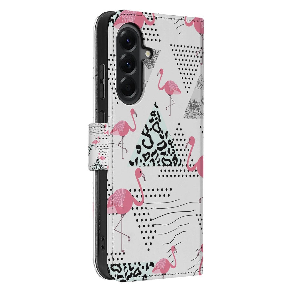 Samsung Galaxy A57 Bookcase Hoesje Flamingo Triangle Schuin aanzicht.