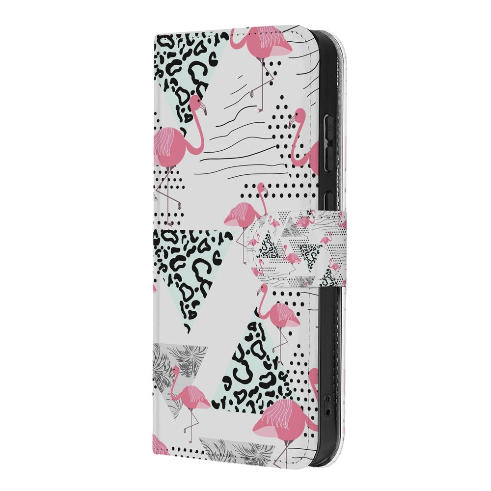 Samsung Galaxy A57 Bookcase Hoesje Flamingo Triangle Schuin aanzicht.