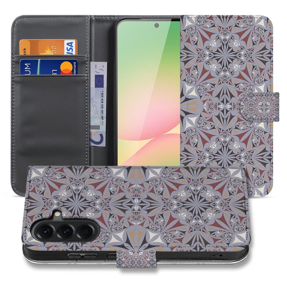 Samsung Galaxy A57 Bookcase Bloemenpatroon Vooraanzicht met kleurrijk tegelmotief.