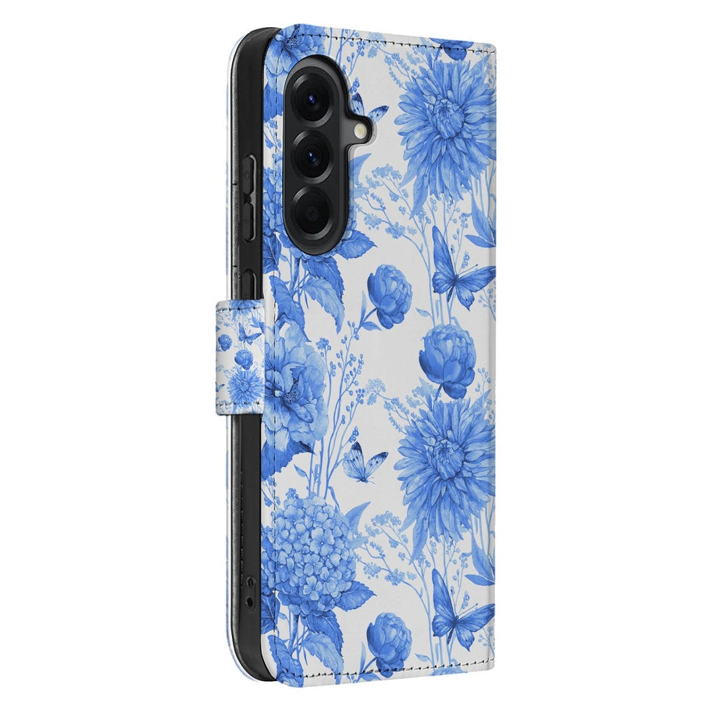 Samsung Galaxy A57 Book Case Blauw Bloemen Schuin aanzicht.