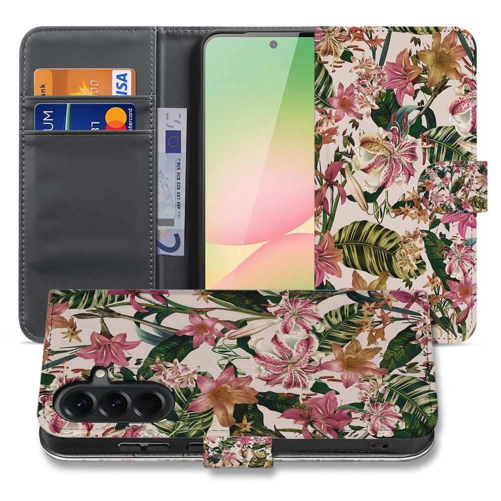 Bookcase Samsung Galaxy A57 Paars Wit Bloemen Vooraanzicht Binnenkant.