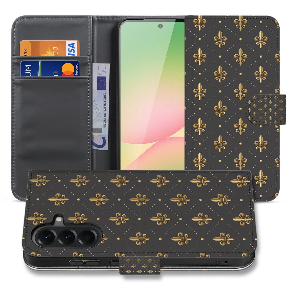 Samsung Galaxy A57 Book Case Franse Lelie Bruin Goud Vooraanzicht Achteraanzicht.