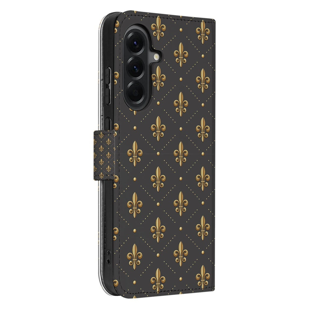 Samsung Galaxy A57 Book Case Franse Lelie Bruin Goud Schuin aanzicht.