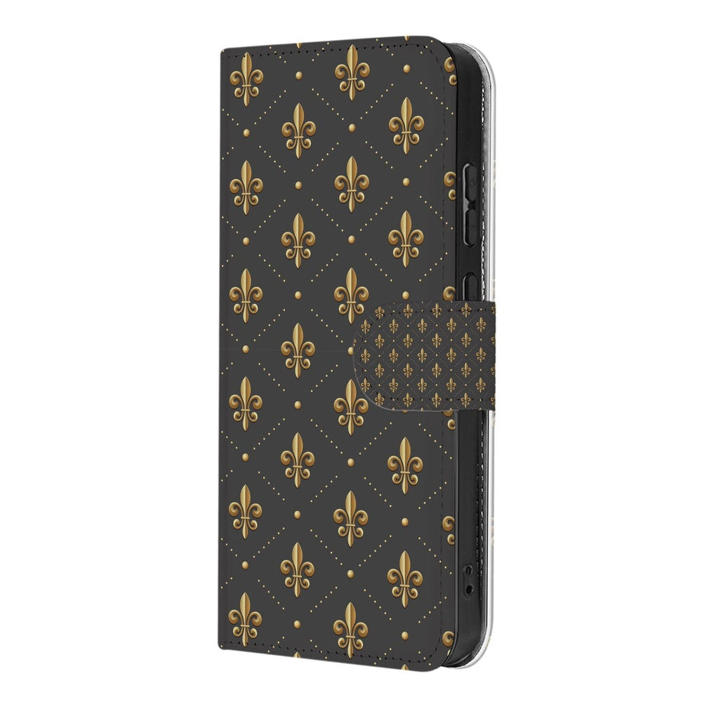 Samsung Galaxy A57 Book Case Franse Lelie Bruin Goud Schuin aanzicht.