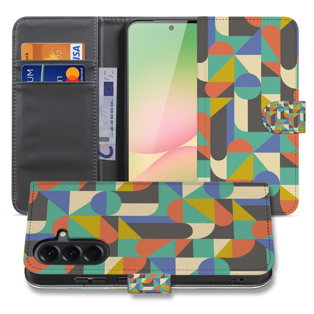 Samsung Galaxy A57 Book Case Hoesje Funky Retro Voor- en achteraanzicht kleurrijke geometrische print.
