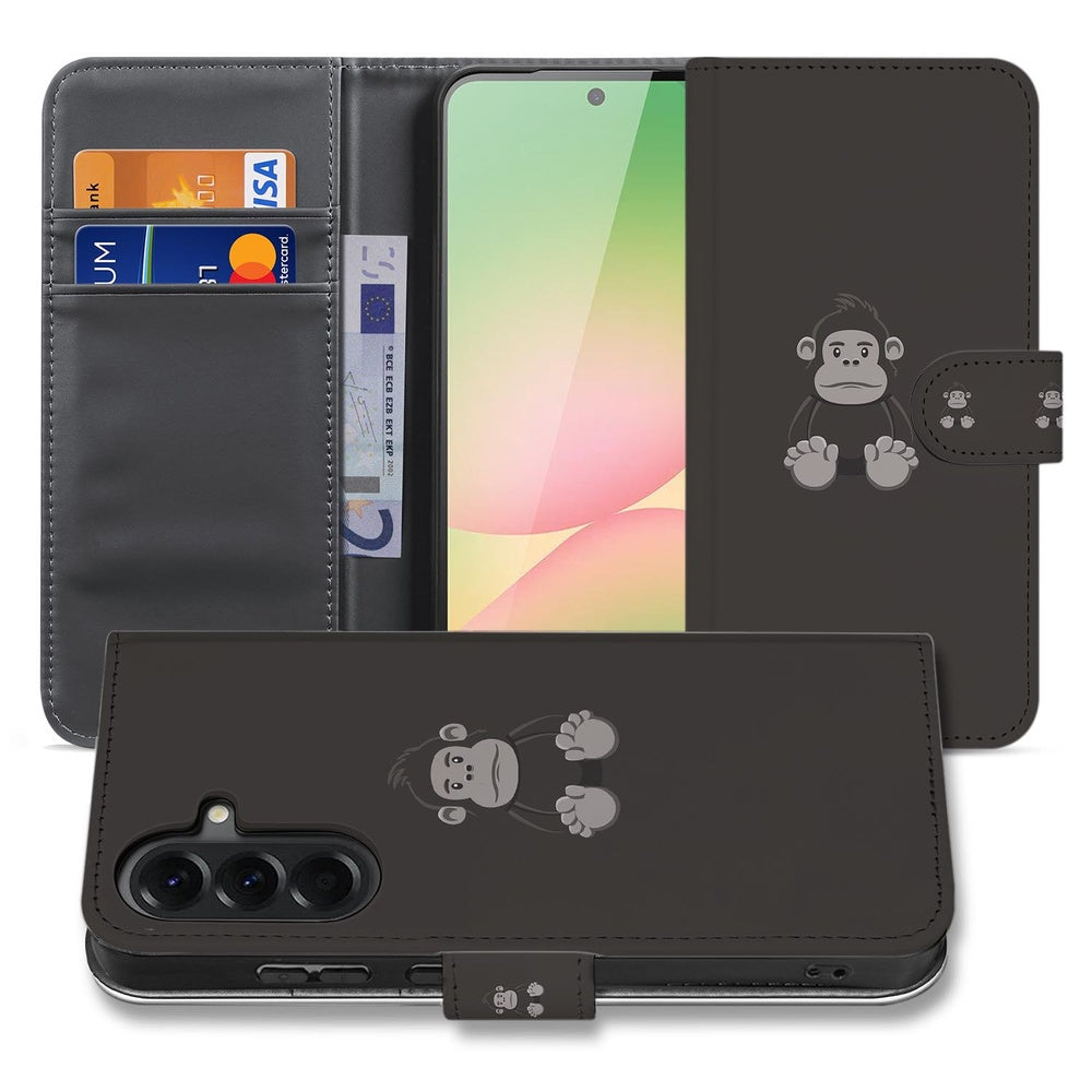 Samsung Galaxy A57 Portemonnee Hoesje Gorilla Bruin binnenkant met vakjes en telefoon zichtbaar.
