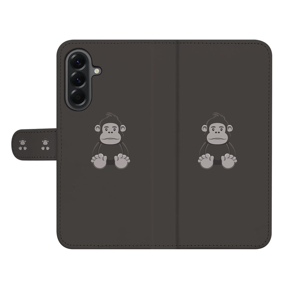Samsung Galaxy A57 Portemonnee Hoesje Gorilla Bruin met Gorilla print, gesloten vooraanzicht.