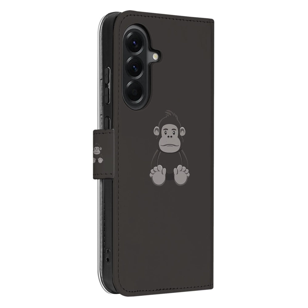 Samsung Galaxy A57 Portemonnee Hoesje Gorilla Bruin met gezicht van een gorilla, schuin aanzicht.