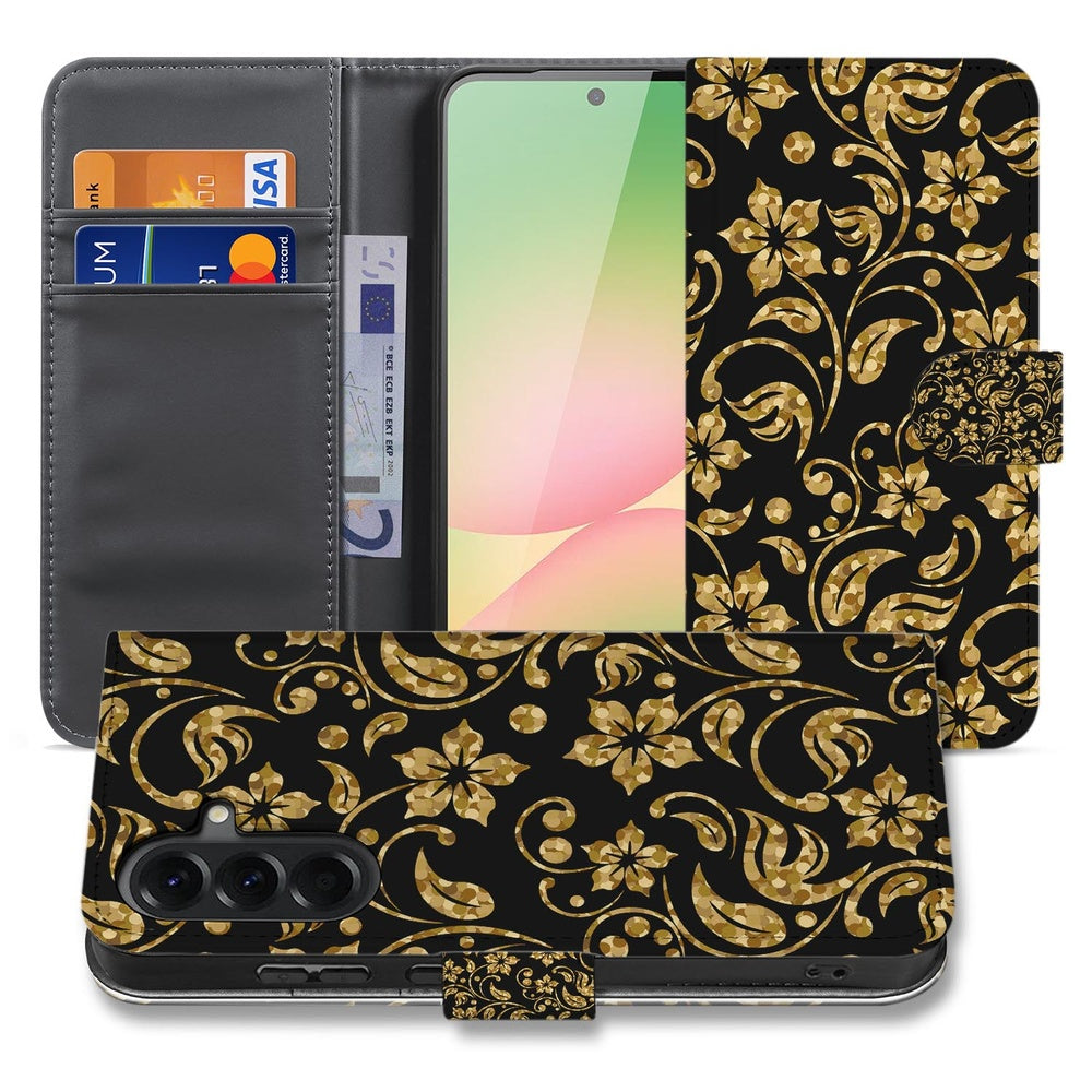 Samsung Galaxy A57 Hoesje Gouden Bloemen, Hoesje met gouden bloemenprint, opengeklapt vooraanzicht.