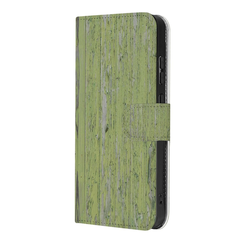 Samsung Galaxy A57 Bookcase Groen Houtnerf Schuin aanzicht.