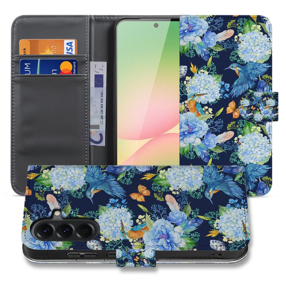 Samsung Galaxy A57 Telefoonhoesje Met Pasjes Ijsvogel boekhoesje met bloemen en ijsvogel, opengeklapt, binnenzijde zichtbaar.