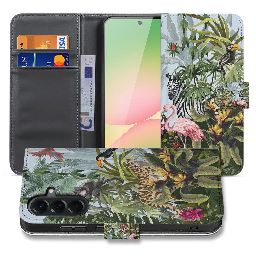 Samsung Galaxy A57 Bookcase Hoesje Met Pasjes Jungle Design binnenkant met telefoon en pasjes zichtbaar.