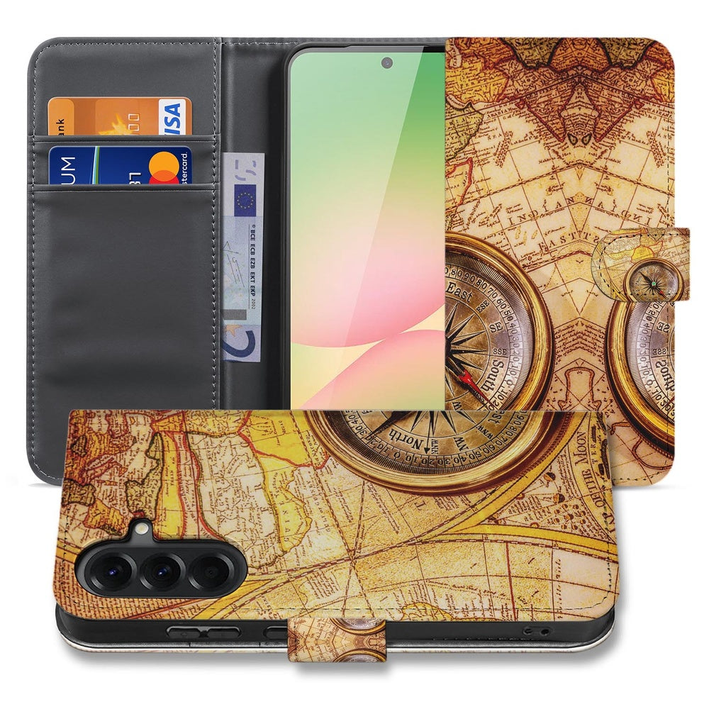 Samsung Galaxy A57 Book Case Hoesje Kompas Voor- en achteraanzicht met kompas en wereldkaart design.