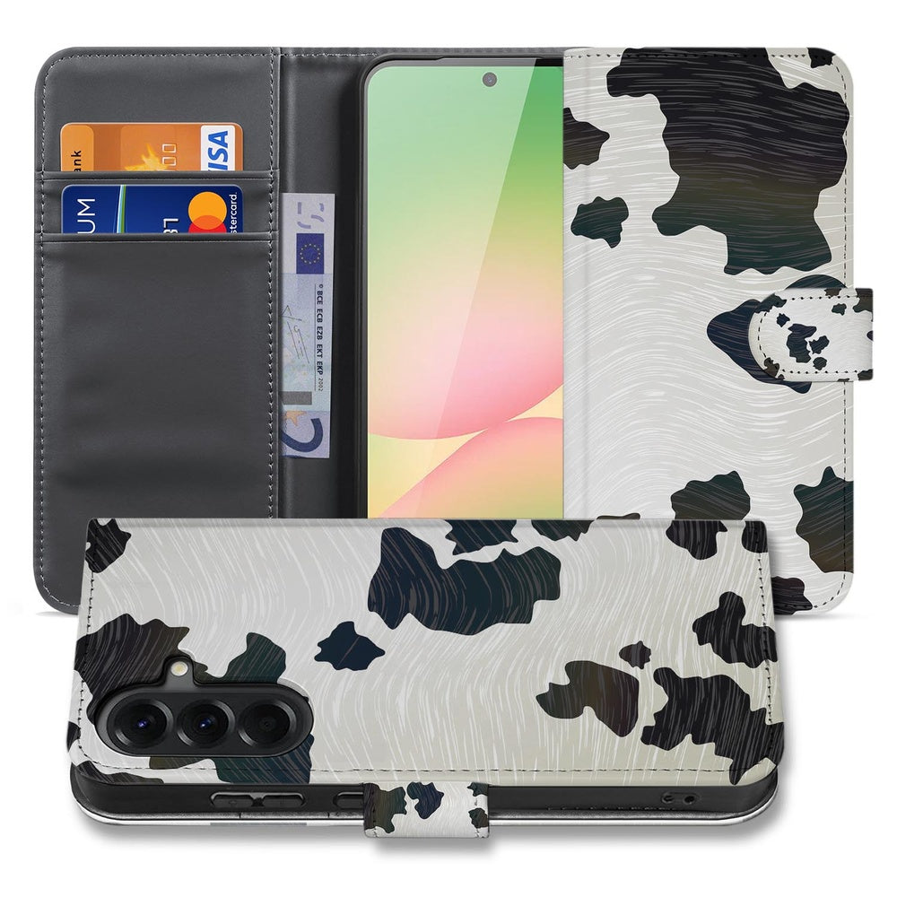 Samsung Galaxy A57 Book Case Hoesje Koeienvlekken Voor- en achteraanzicht met koeienvlekken design.