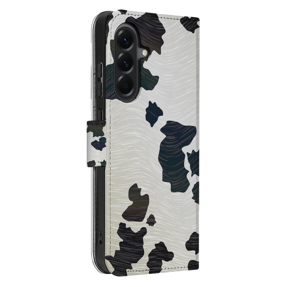 Samsung Galaxy A57 Book Case Hoesje Koeienvlekken Voor- en achteraanzicht.