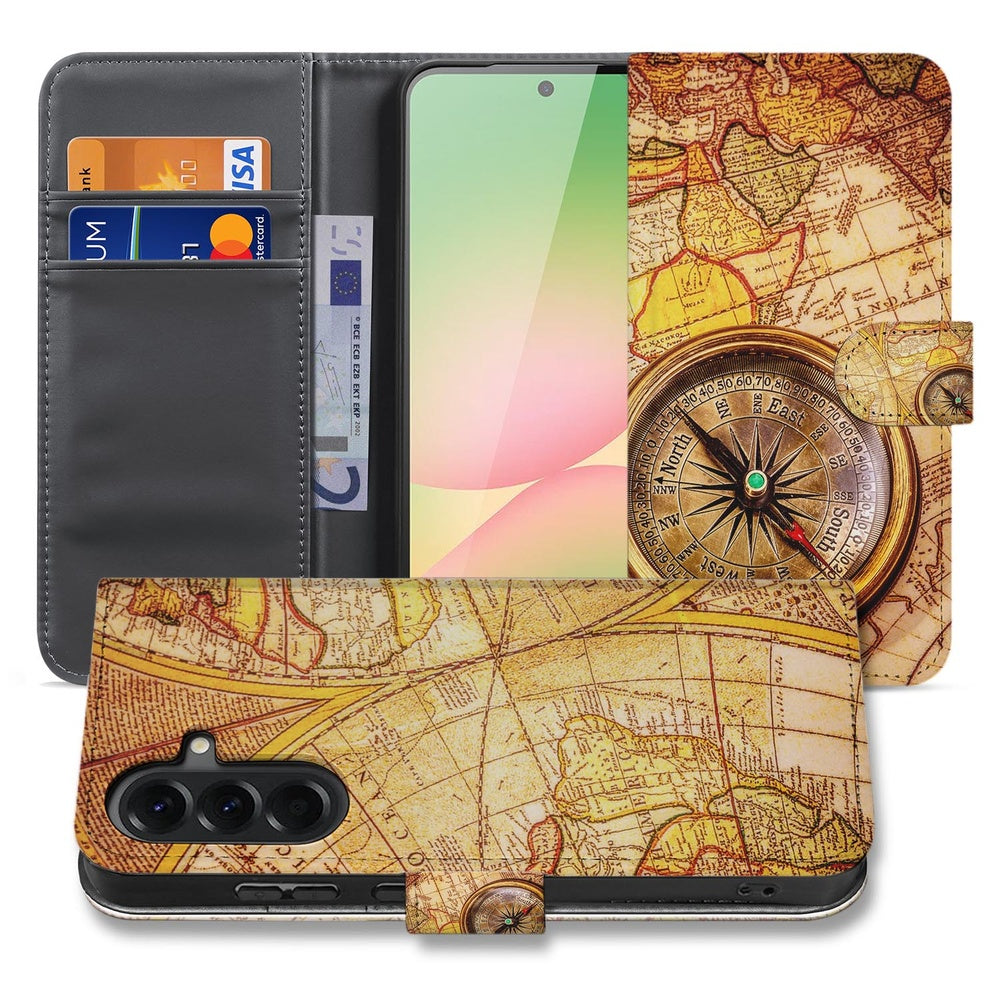 Samsung Galaxy A57 Book Case Hoesje Kompas Voor- en achteraanzicht met kompasdesign en kaartmotief.