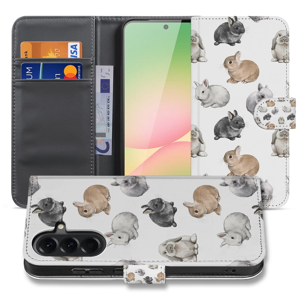 Samsung Galaxy A57 Telefoonhoesje Met Pasjes Konijntjes Voor- en achteraanzicht met schattige konijntjesprints.
