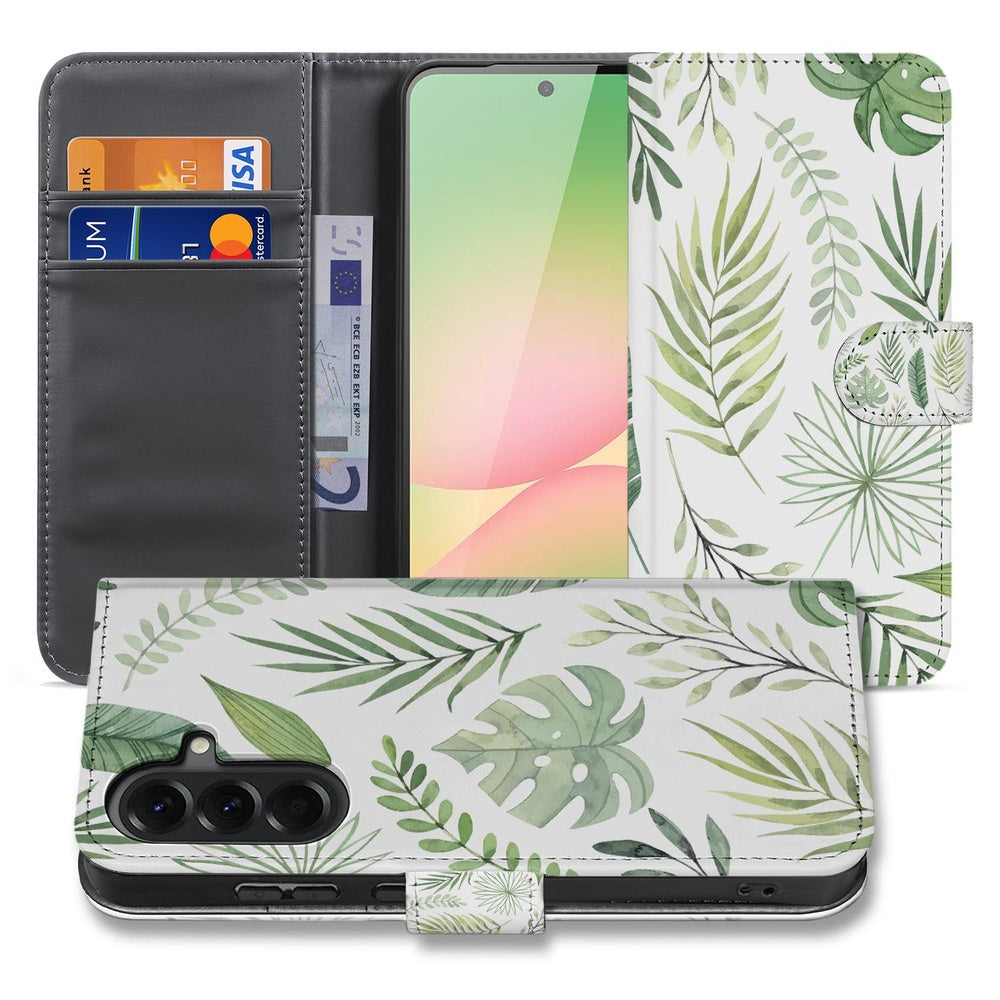 Samsung Galaxy A57 Book Case Bladeren Lichtgroen Wit Voor- en achteraanzicht met bladprint en binnenvak.