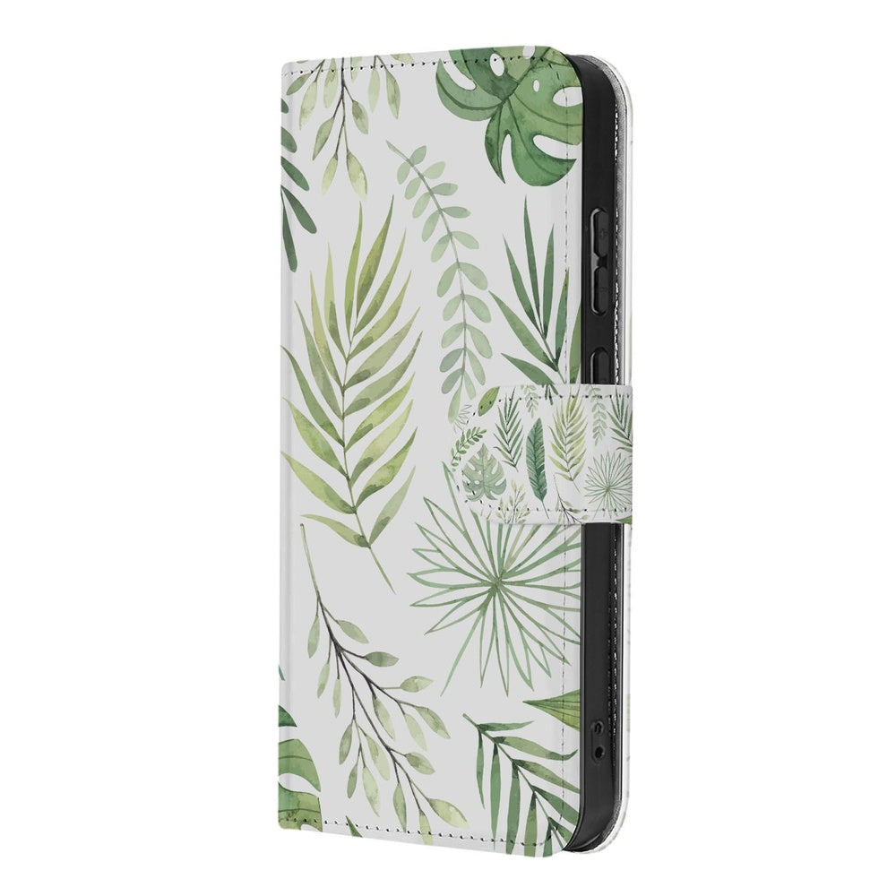 Samsung Galaxy A57 Book Case Bladeren Lichtgroen Wit Voor- en achteraanzicht.
