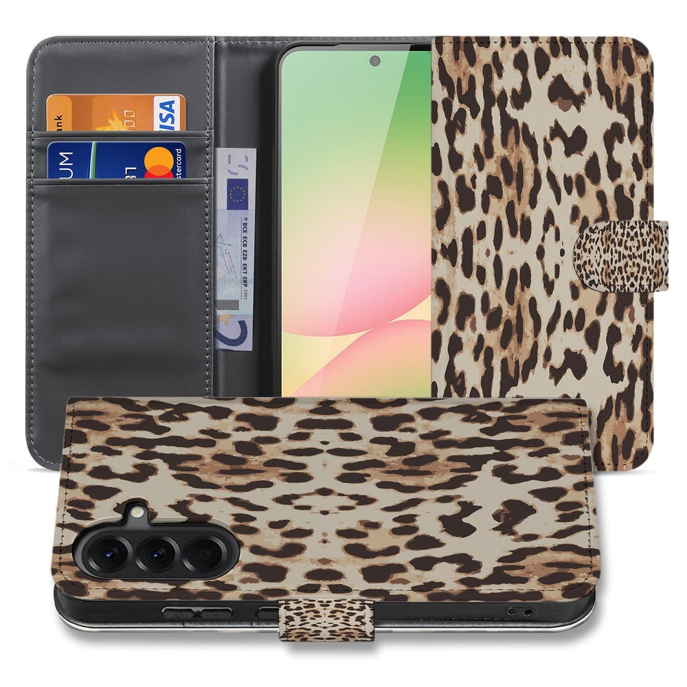 Book Case Hoesje Samsung Galaxy A57 Leopard voor- en achteraanzicht met leopard-design en binnenvak.