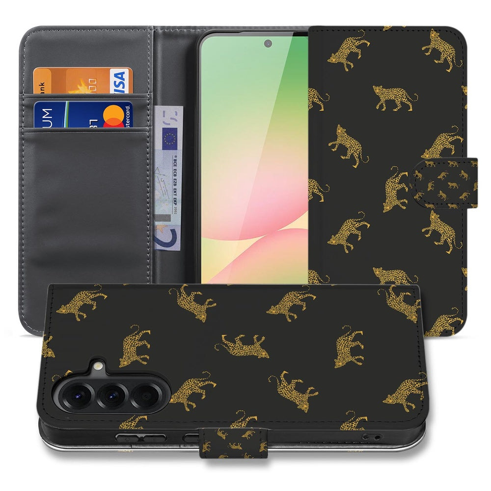 Samsung Galaxy A57 Telefoonhoesje Luipaardprint Voor- en achteraanzicht.