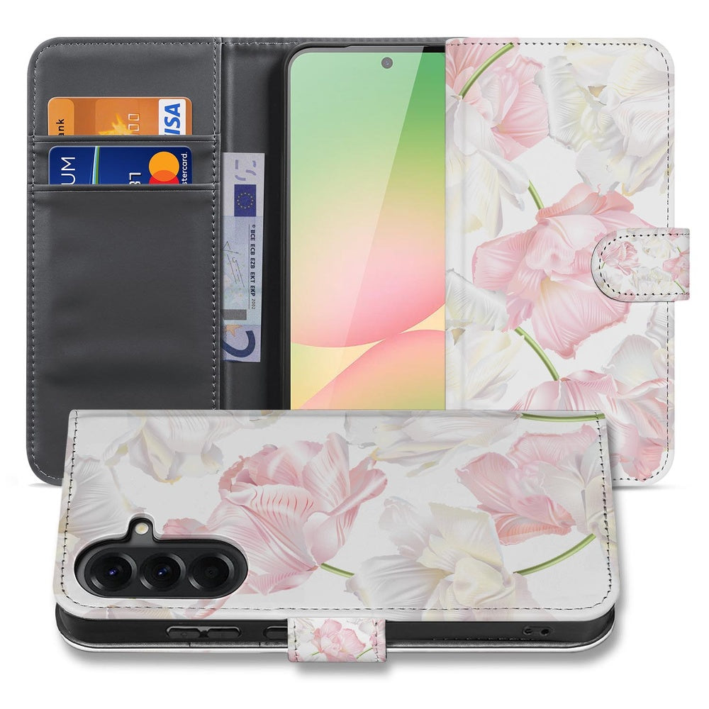 Samsung Galaxy A57 Book Case Hoesje Lovely Flowers Roze Wit Voor- en achteraanzicht met bloemenmotief.