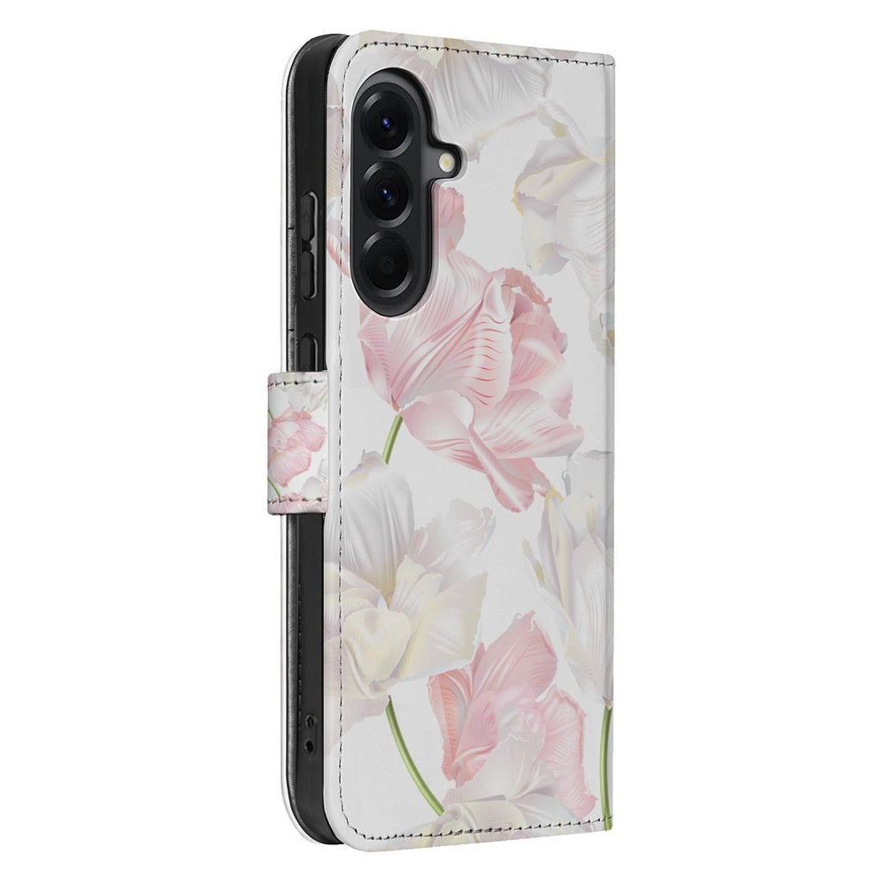 Samsung Galaxy A57 Book Case Hoesje Lovely Flowers Roze Wit Voor- en achteraanzicht met bloemenmotief.