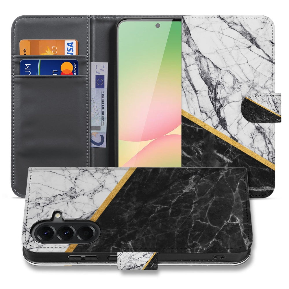 Samsung Galaxy A57 Bookcase Marmer Wit Zwart Gouden Lijn Voor- en achteraanzicht met opengeklapte case en telefoon.