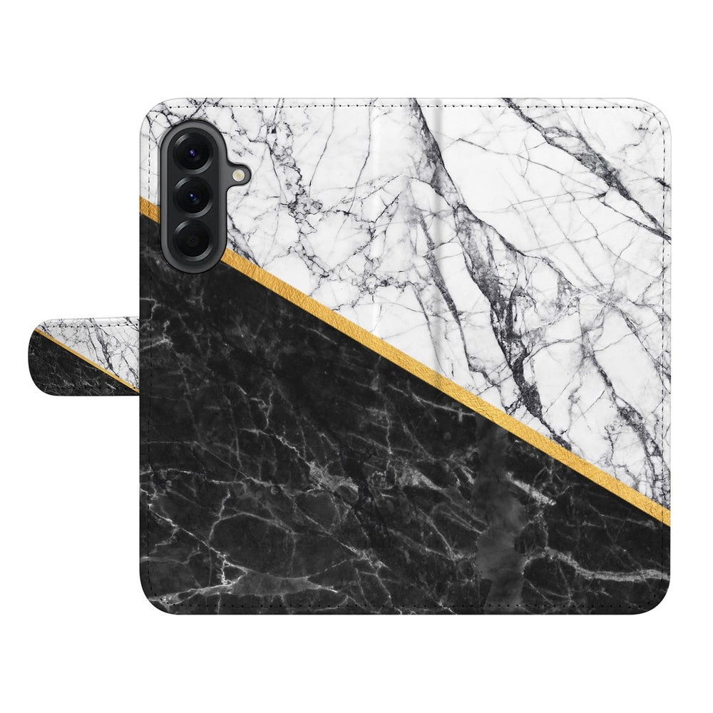 Samsung Galaxy A57 Bookcase Marmer Wit Zwart Gouden Lijn Voor- en achteraanzicht.