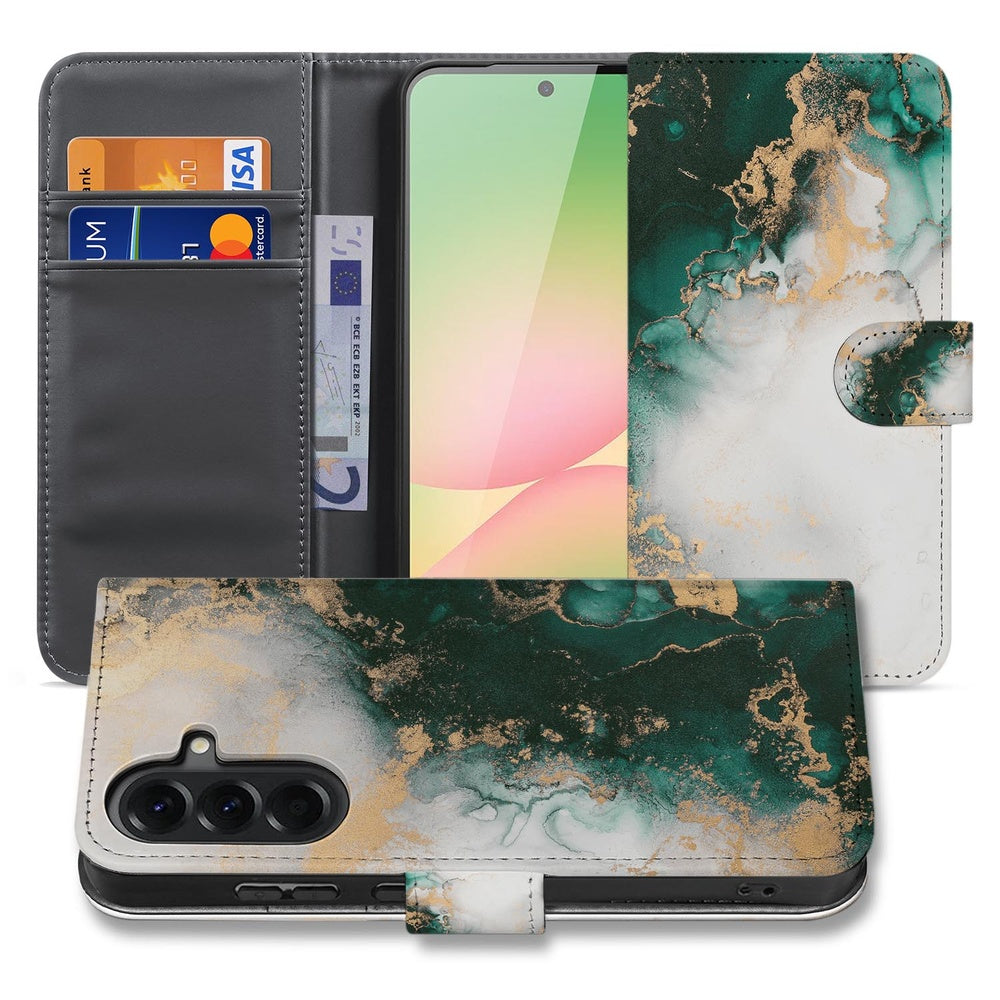 Bookcase Samsung Galaxy A57 Marmer Groen Voor- en achteraanzicht met marmeren patroon in groen en gouden details.