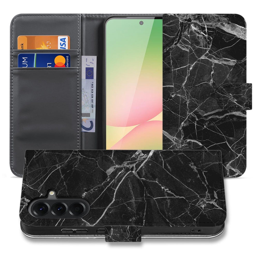 Samsung Galaxy A57 Bookcase Zwart Marmer Voor- en achteraanzicht met marmerdesign en opbergvak.