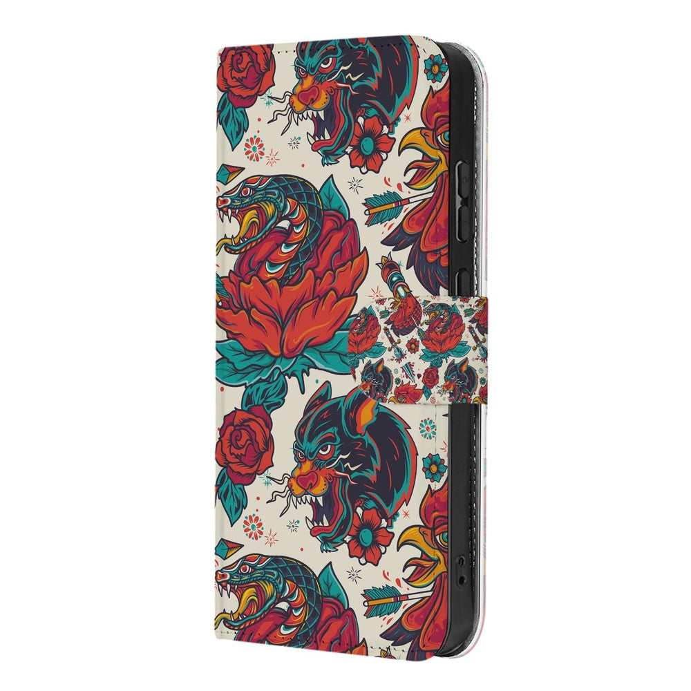 Samsung Galaxy A57 Telefoonhoesje Old Skool Schuin aanzicht met vintage tattoo design en bloemen.
