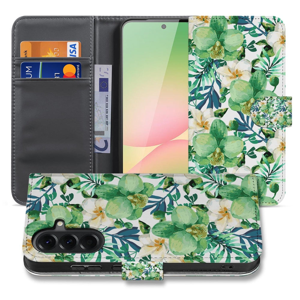 Samsung Galaxy A57 Book Case Orchidee Groen Voor- en achteraanzicht met bloemenmotief en open binnenkant.