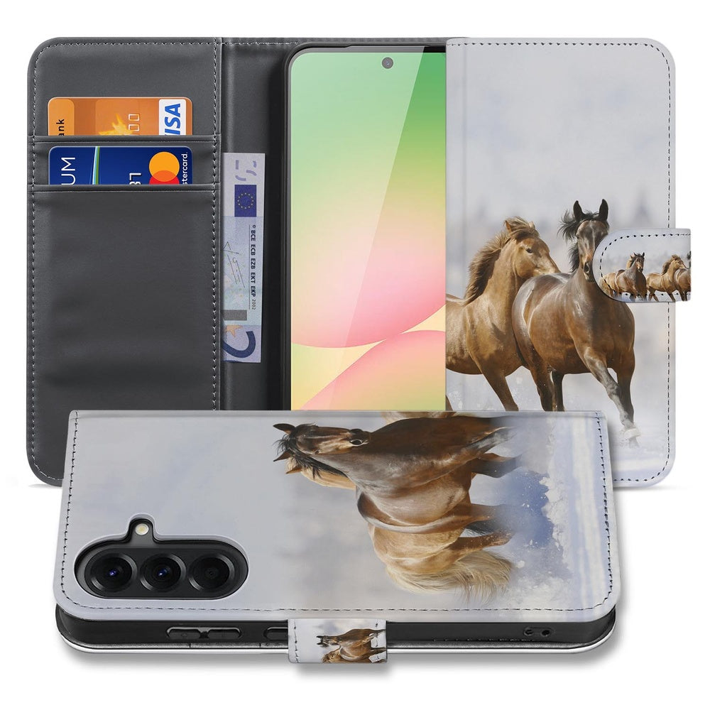 Samsung Galaxy A57 Book Case Hoesje Paarden Motief Voor- en achteraanzicht.