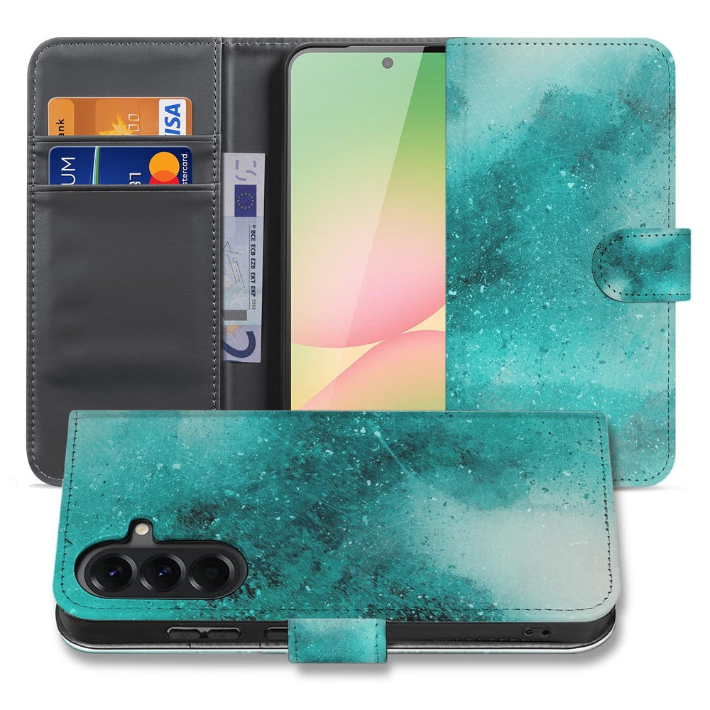 Samsung Galaxy A57 Bookcase Painting Blue Voor- en achteraanzicht met waterverfachtige schildering in blauwtinten.