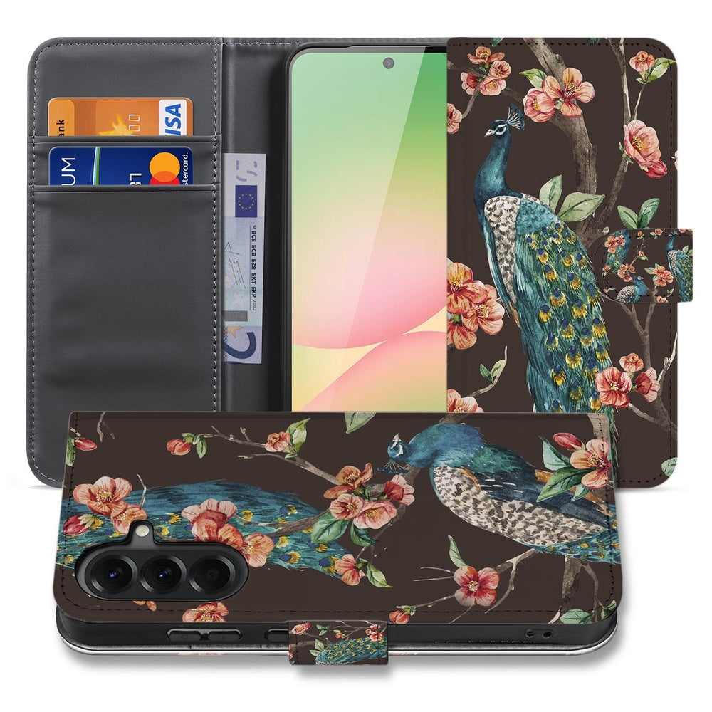 Samsung Galaxy A57 Bookcase Hoesje Pauw Bloemen Print Voor- en achteraanzicht.