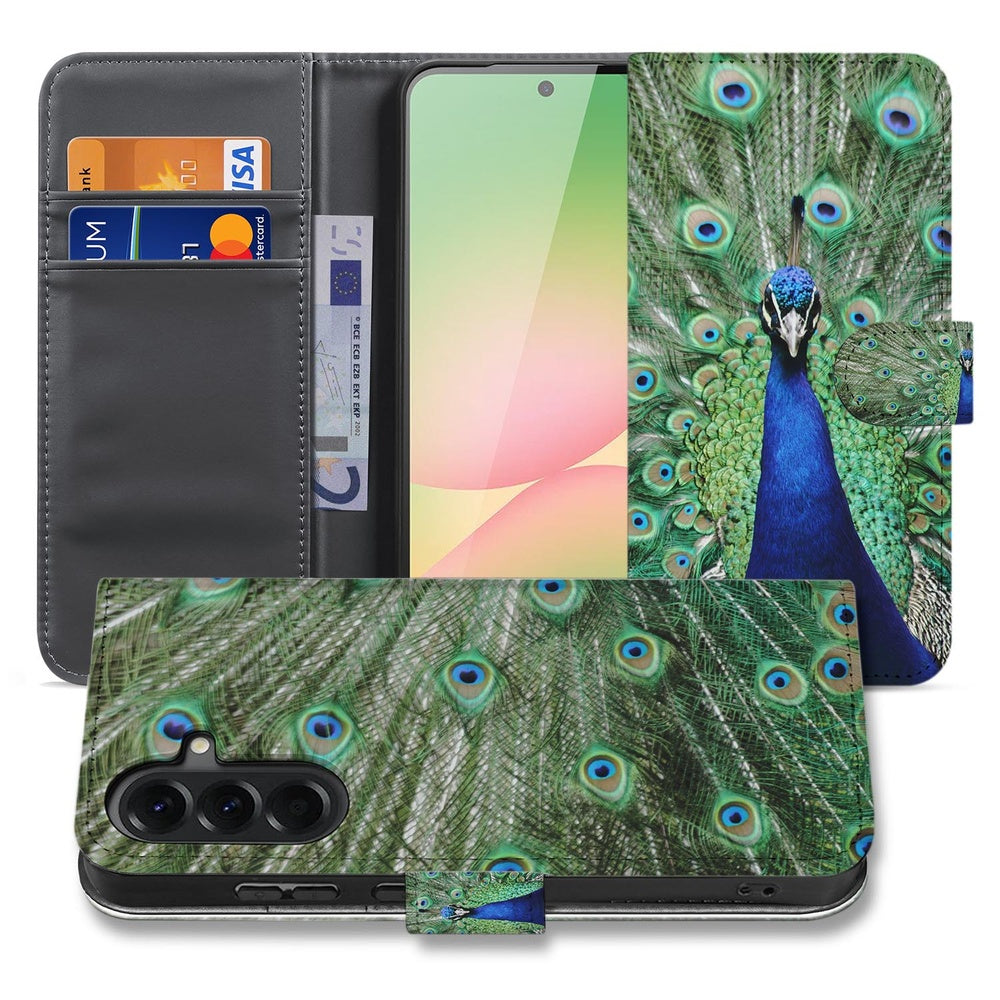 Samsung Galaxy A57 Bookcase Hoesje Pauwprint Voor- en achteraanzicht met kleurrijk pauwpatroon.