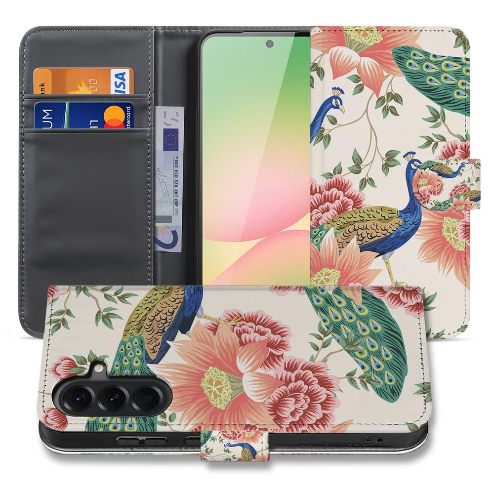 Samsung Galaxy A57 Portemonnee Hoesje Pink Peacock Voor- en achteraanzicht met pauwenprint en roze bloemen.