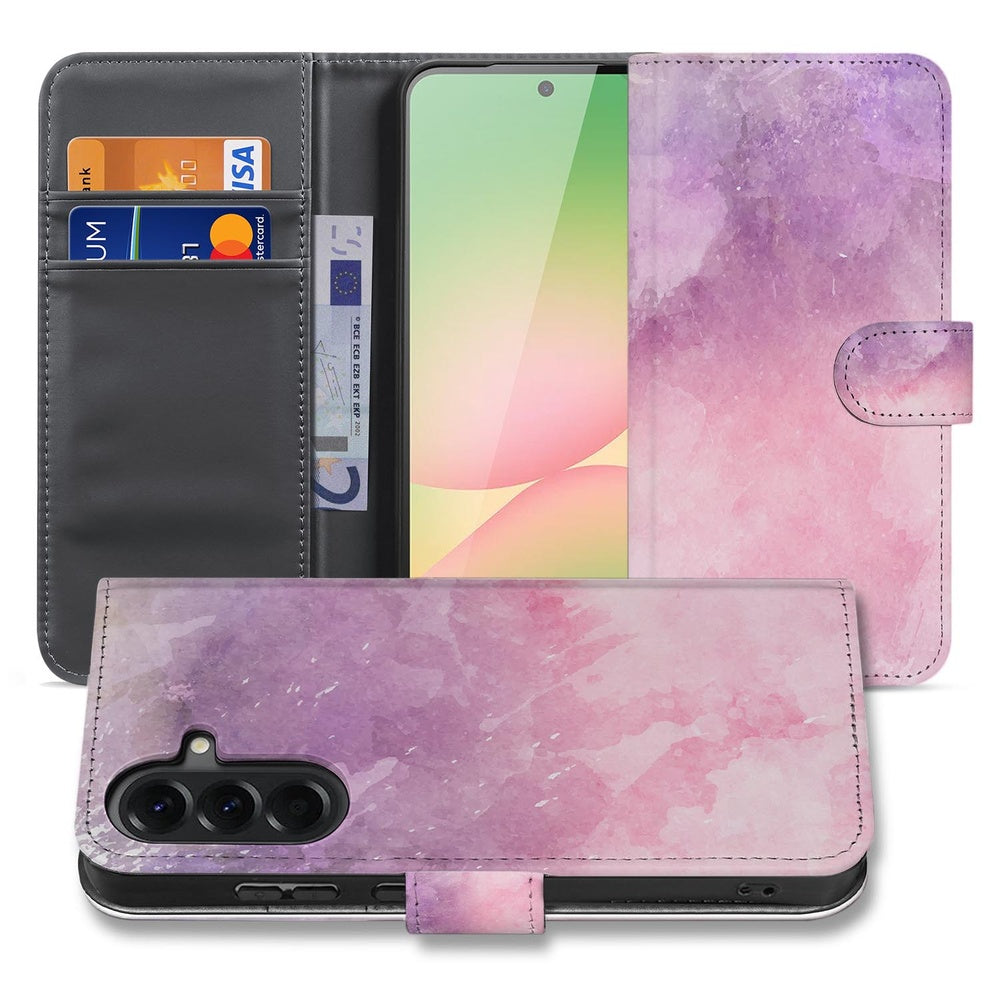 Bookcase Hoesje Samsung Galaxy A57 Roze Paars Paint Voor- en achteraanzicht.