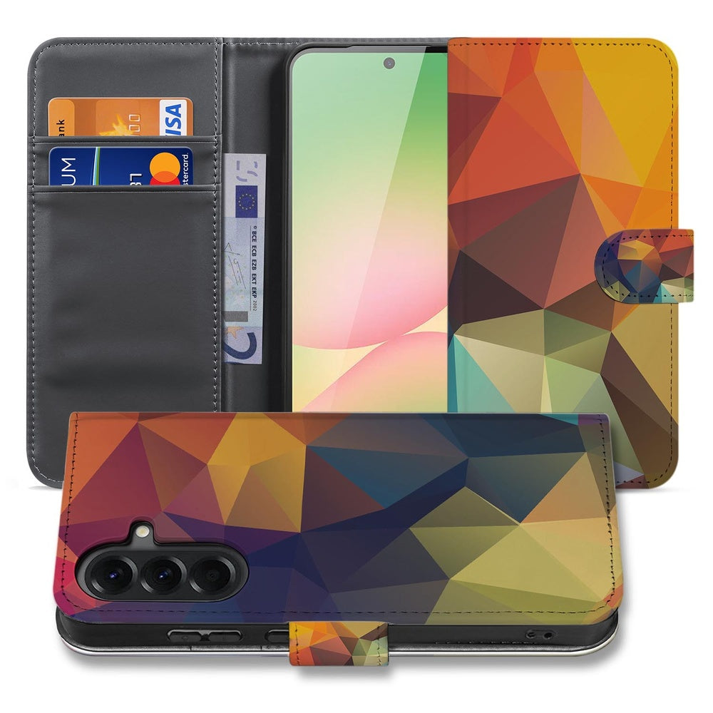 Samsung Galaxy A57 Bookcase Polygon Kleur Voor- en achteraanzicht kleurig geometrisch design.