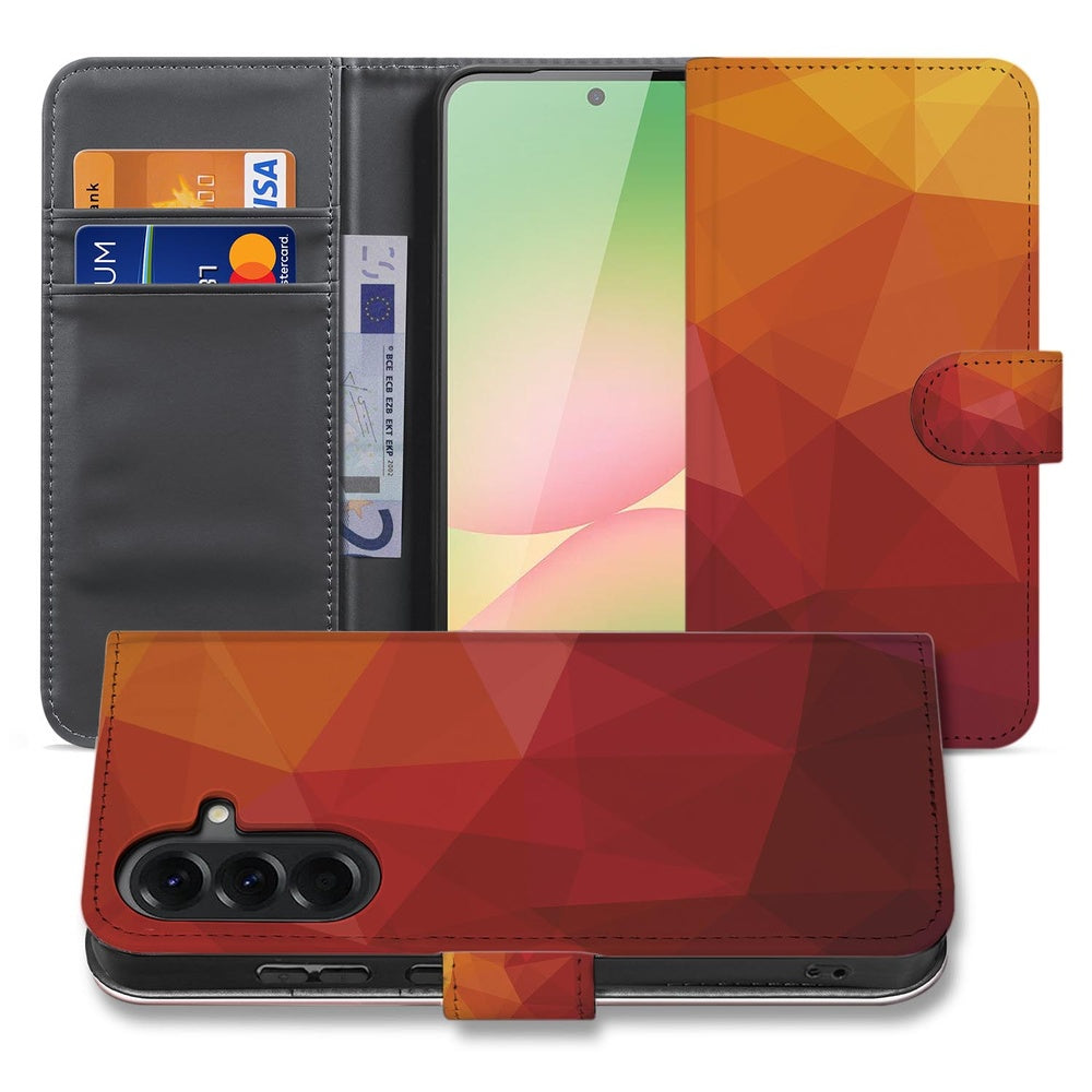 Samsung Galaxy A57 Book Case Polygon Rood Voor- en achteraanzicht geometrisch design met kaartvakken.
