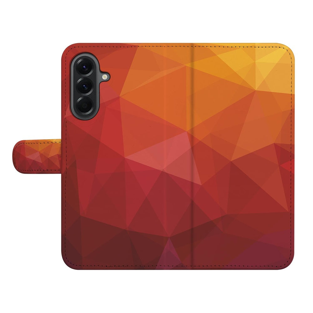 Samsung Galaxy A57 Book Case Polygon Rood Voor- en achteraanzicht geometrisch design in rood tinten.