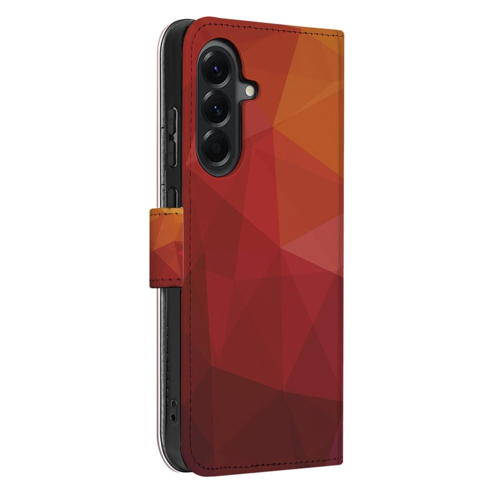 Samsung Galaxy A57 Book Case Polygon Rood Schuin aanzicht met geometrisch design in rood tinten.