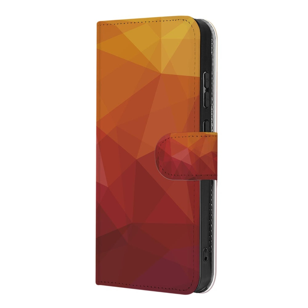 Samsung Galaxy A57 Book Case Polygon Rood Schuin aanzicht geometrisch design in rood en oranje.