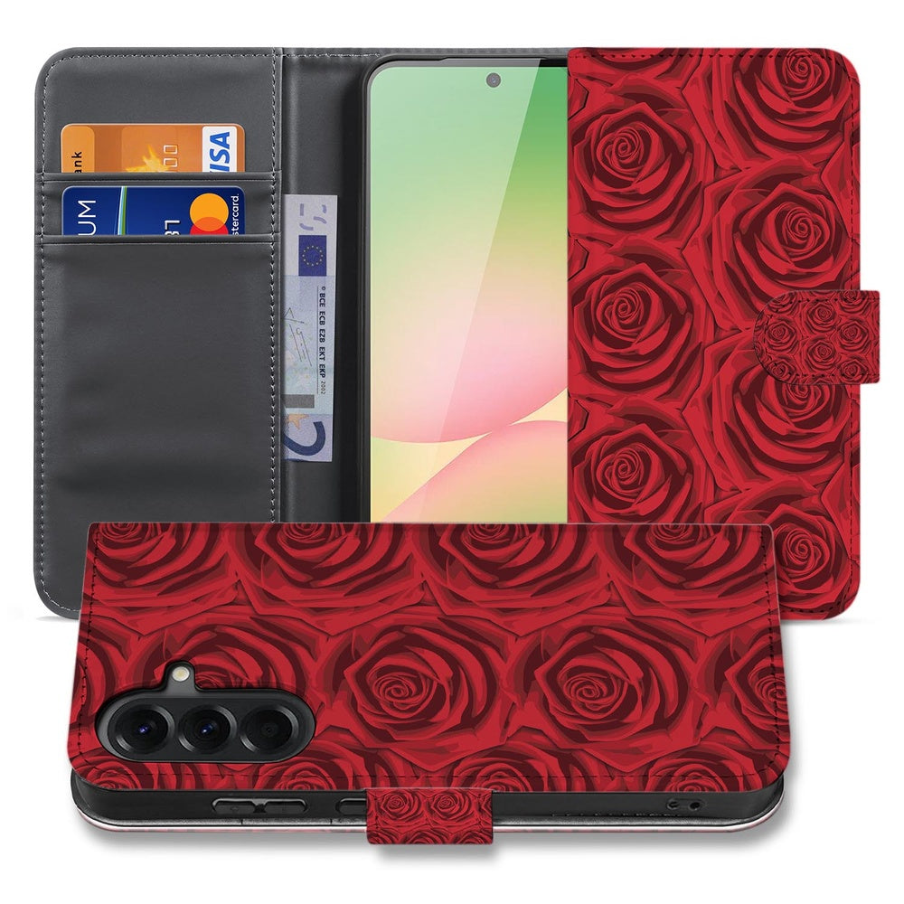 Samsung Galaxy A57 Telefoonhoesje Red Roses Voor- en achteraanzicht met rozenprint en interieur zichtbaar.