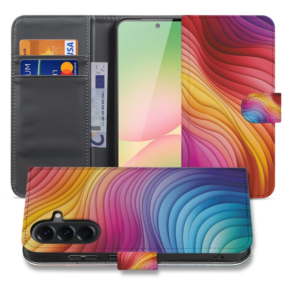 Samsung Galaxy A57 Plus Book Case Regenboog Voor- en achteraanzicht kleurrijk design.
