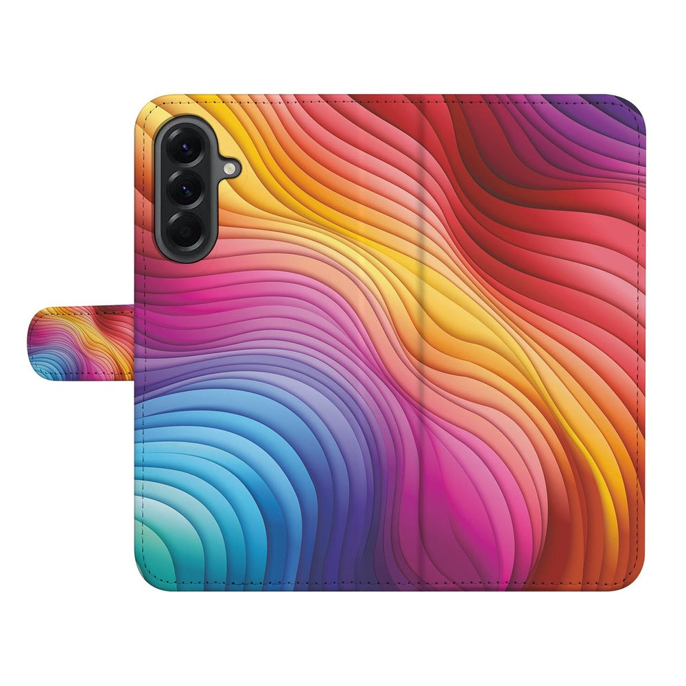 Samsung Galaxy A57 Plus Book Case Regenboog detail kleurrijke ontwerp met golvende patronen.